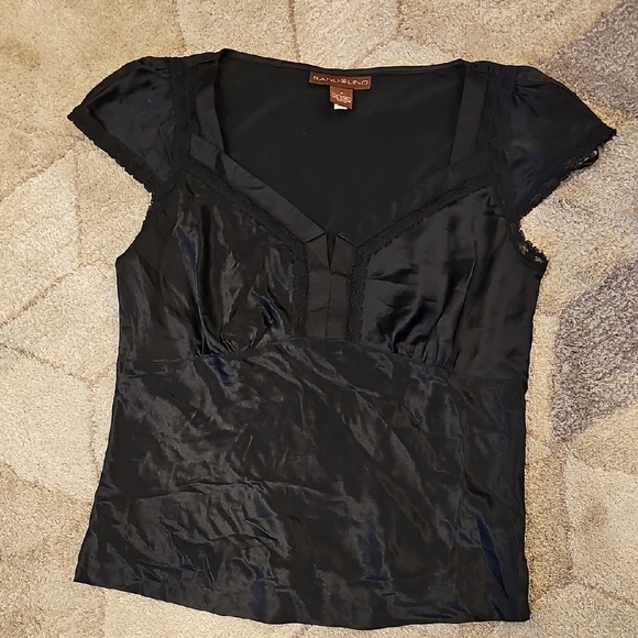 Black Silk Cap Sleeve Top with Lace - Picture 1 of 1